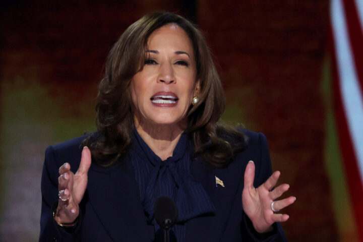 Democratic presidential nominee and U.S. Vice President Kamala Harris speaks on Day 4 of the Democratic National Convention (DNC) at the United Center in Chicago, Illinois, U.S., August 22, 2024. REUTERS/Kevin Wurm