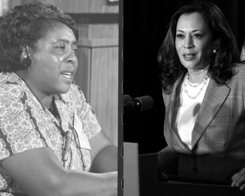 Left, Fannie Lou Hamer testifies before the Credentials Committee at the 1964 Democratic National Convention. (Courtesy: Library of Congress,Warren K. Leffler, photographer). Right, In this Aug. 13, 2020, file photo then Sen. Kamala Harris, D-Calif., speaks at the Hotel DuPont in Wilmington, Del. as Joe Biden's running mate.(AP Photo/Carolyn Kaster, File)