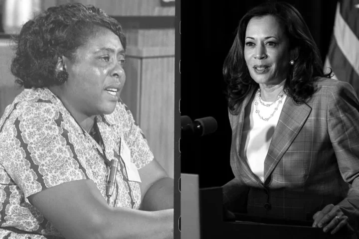 Left, Fannie Lou Hamer testifies before the Credentials Committee at the 1964 Democratic National Convention. (Courtesy: Library of Congress,Warren K. Leffler, photographer). Right, In this Aug. 13, 2020, file photo then Sen. Kamala Harris, D-Calif., speaks at the Hotel DuPont in Wilmington, Del. as Joe Biden's running mate.(AP Photo/Carolyn Kaster, File)