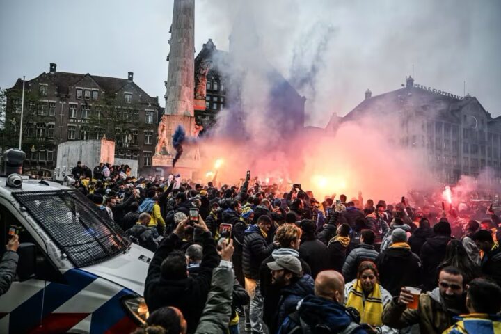 Maccabi Tel Aviv fans stage a pro-Israel demonstration in Amsterdam on Thursday.Mouneb Taim / Anadolu via Getty Images