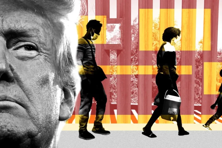President Donald Trump alongside a migrant family, symbolizing the human impact of strict immigration policies and enforcement tactics in the U.S.