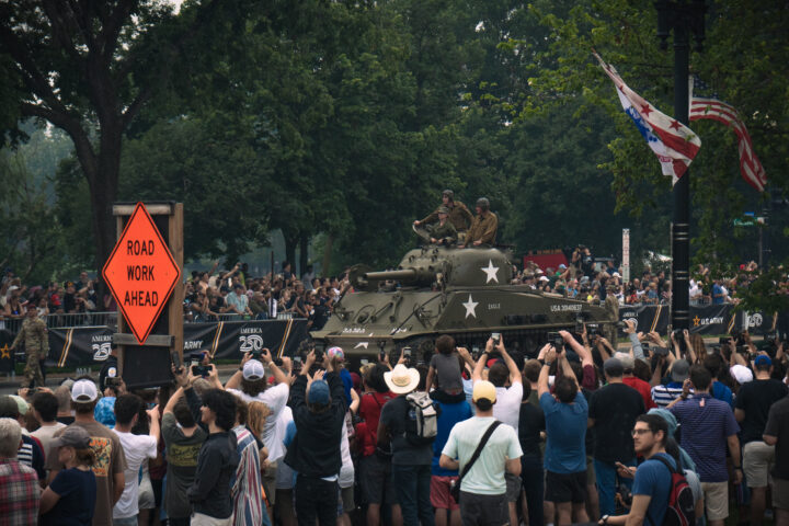 Soldiers emerge from an armored vehicle driving down Constitution Avenue during the Army 250th Anniversary Parade in Washington, DC Saturday, June 14. Photo by Hannah Parcells.