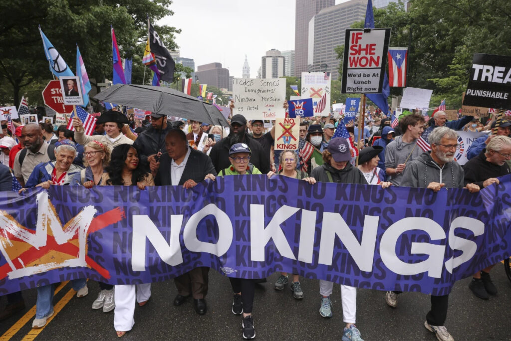 Arndrea Waters King, third from left, and Martin Luther King III, fourth from left, march in the “No Kings” protest, Saturday, June 14, 2025, in Philadelphia. (AP Photo/Yuki Iwamura)