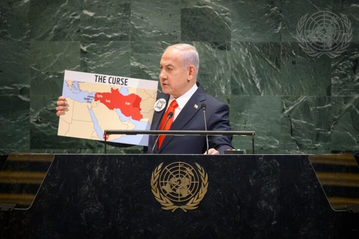 enjamin Netanyahu (at podium and on screen), Prime Minister of the State of Israel, addresses the general debate of the General Assembly's eightieth session -Source UN