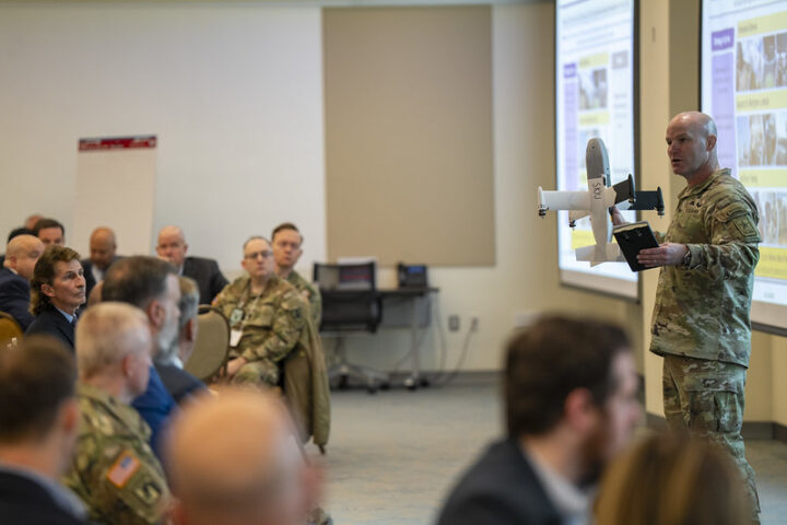 Joint Interagency Task Force 401 (JIATF 401) Director U.S. Army Brig. Gen. Matt Ross delivers remarks at a JIATF 401 Interagency Summit at the Mark Center, Alexandria Va., Nov. 25, 2025.